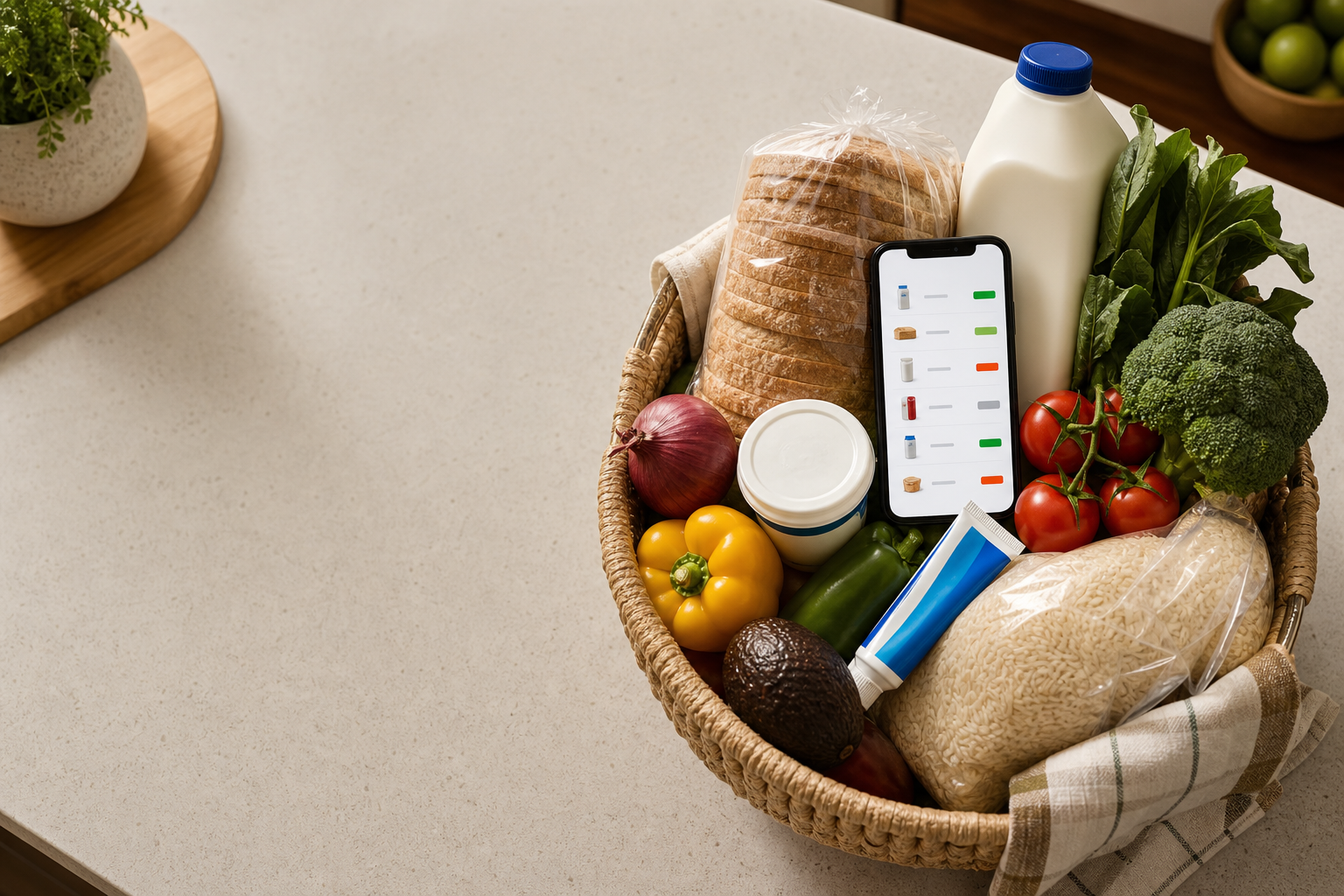 Grocery basket with bread, milk, fresh food, rice and a smartphone price list